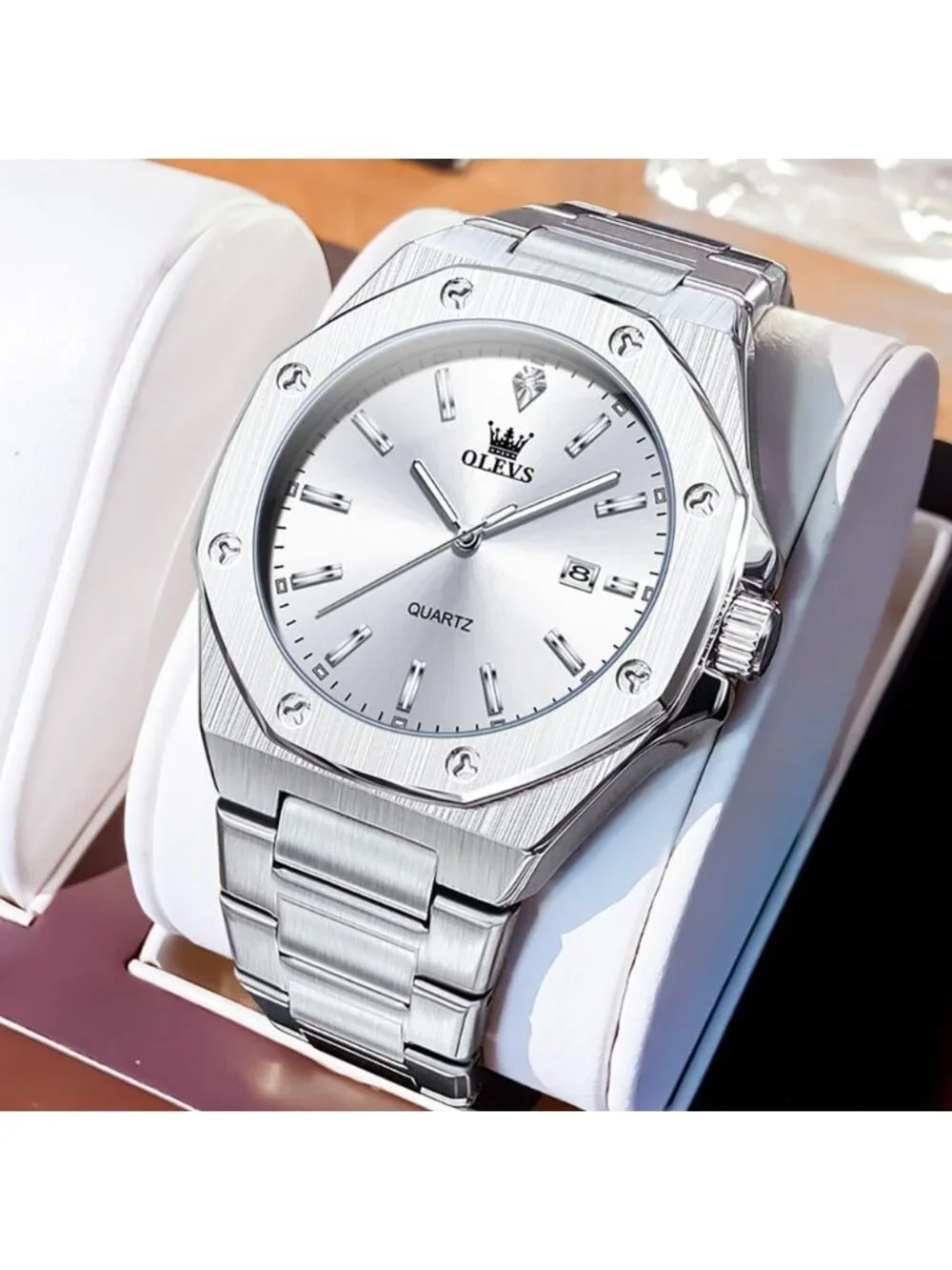 Men's Silver Fashion Luxury Octagon Stainless Steel Waterproof Dress Wrist Watch